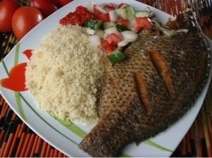 Acheke with chargrilled Tilapia (with Gari) and Salsa sauce